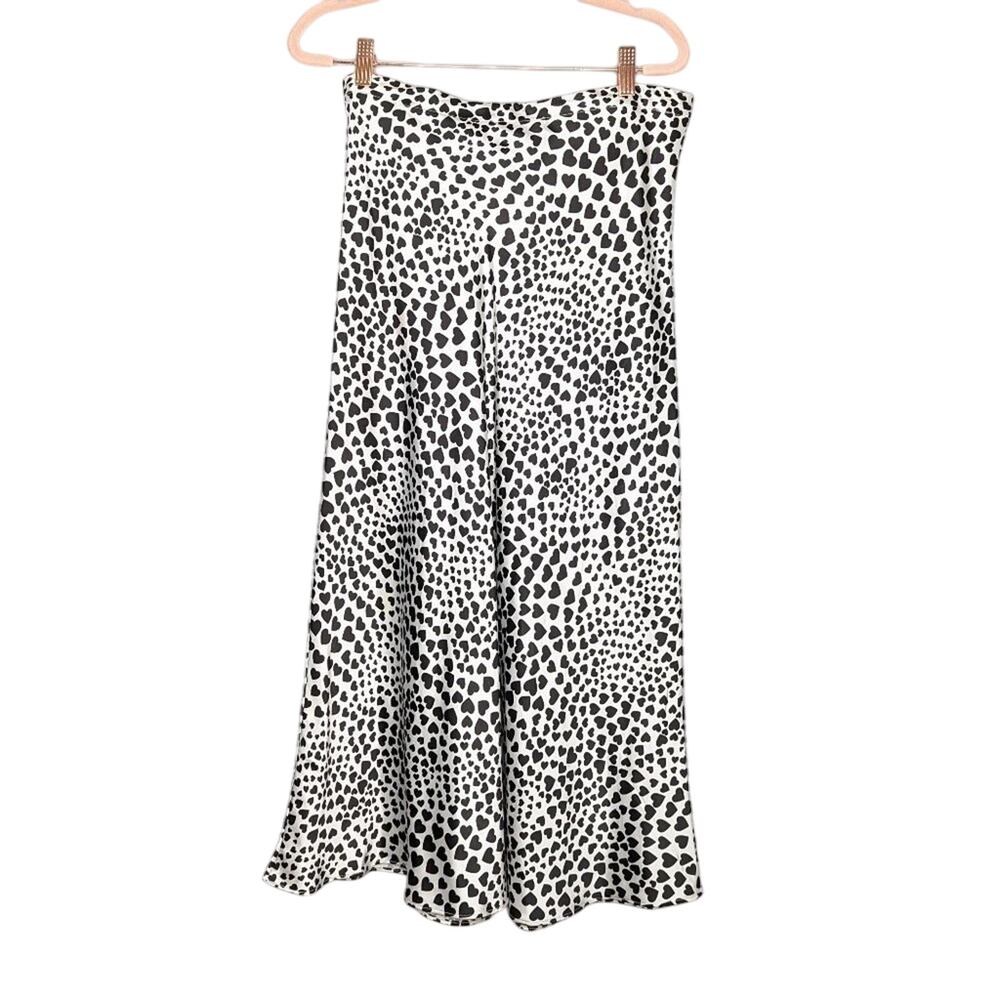 Rachel Zoe Black White Heart Print Satin Maxi Skit Elastic Waist Size M